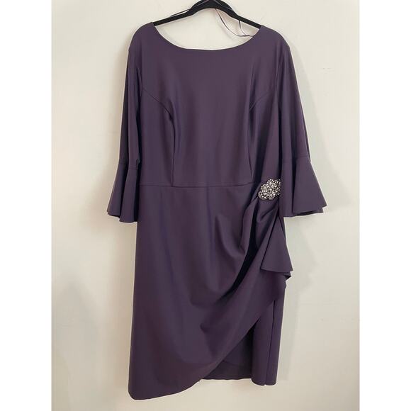 Alex Evenings Slimming Bell Sleeve Scuba Sheath Dress with Brooch in Plum Purple - Picture 3 of 13